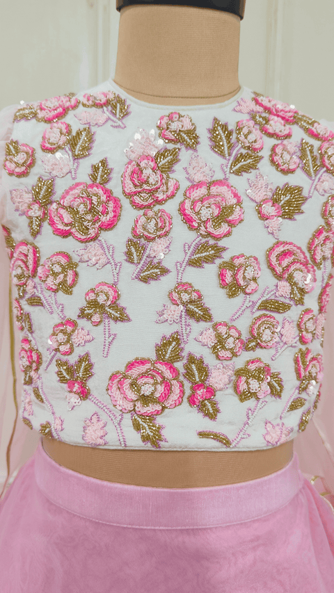 Pre-Order: Pink Ombre Shaded Embroidered Flower Ghaghra