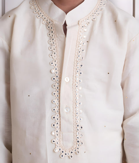 Pre-Order: Off White Mukesh Work Kurta with Pant