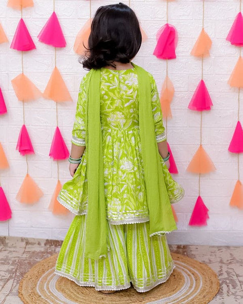 Aatya Kiids Green Lace Embellished Floral Printed Sharara Set with Dupatta.