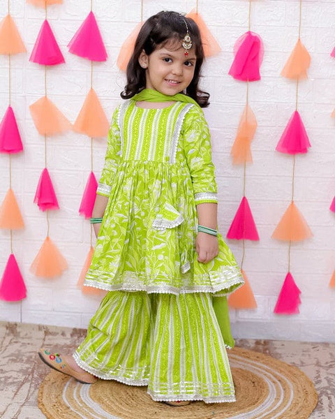 Aatya Kiids Green Lace Embellished Floral Printed Sharara Set with Dupatta.