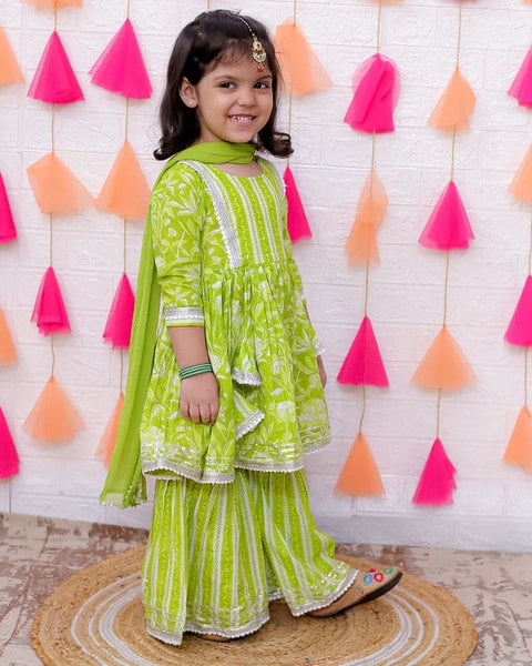 Aatya Kiids Green Lace Embellished Floral Printed Sharara Set with Dupatta.