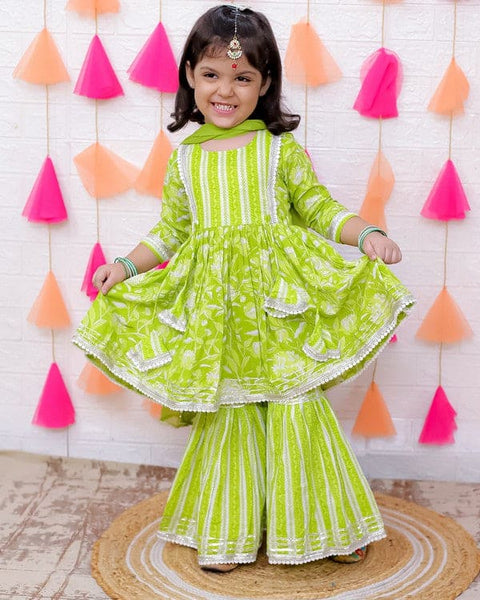 Aatya Kiids Green Lace Embellished Floral Printed Sharara Set with Dupatta.