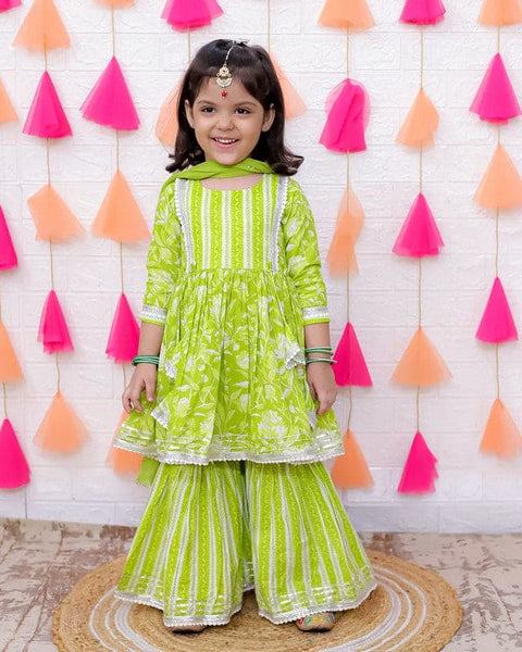 Aatya Kiids Green Lace Embellished Floral Printed Sharara Set with Dupatta.