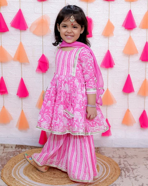 Aatya Kiids Pink Lace Embellished Floral Printed Sharara Set with Dupatta.