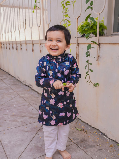 Pre-Order:  Lotus Print Satin Kurta and Pure Cotton Pajama Set