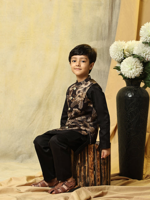 Pre-Order: Golden Flower Velvet Koti with Black Kurta Pajama Set