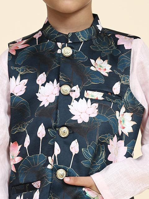 Pre-Order: Lotus Print Satin Koti with Pink Kurta White Pajama Set