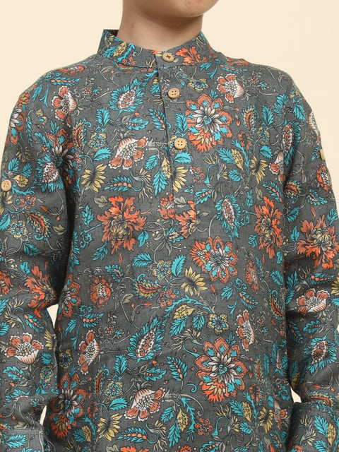 Pre-Order: Dark flowers Print Pure Linen Kurta  and Pajama Set