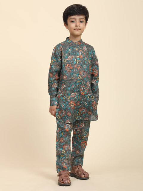 Pre-Order: Dark flowers Print Pure Linen Kurta  and Pajama Set