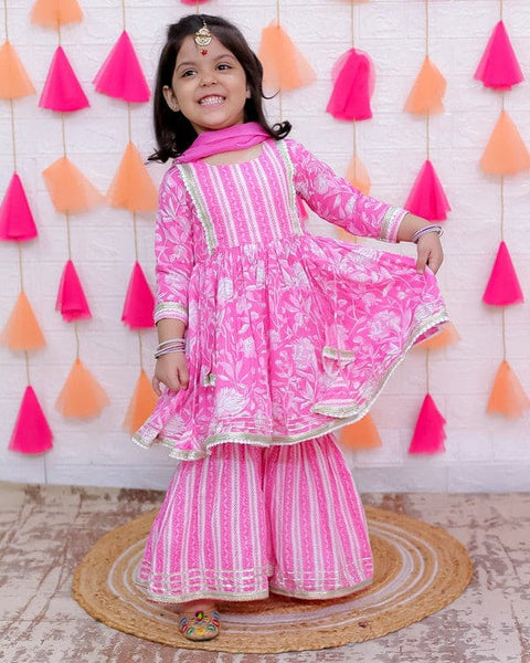 Aatya Kiids Pink Lace Embellished Floral Printed Sharara Set with Dupatta.