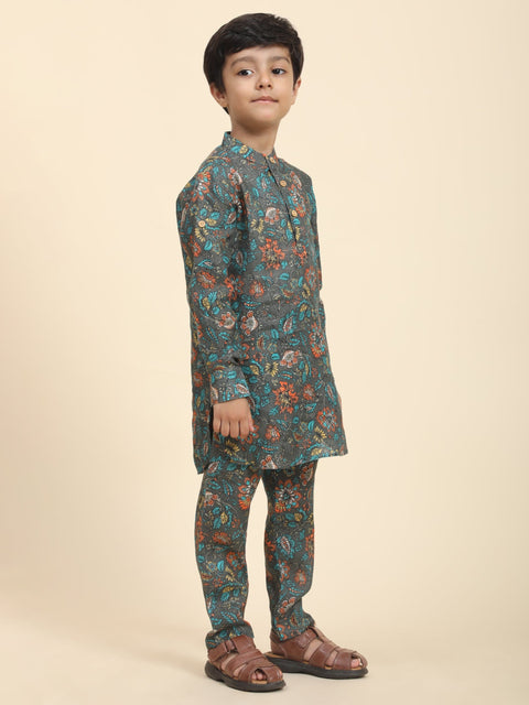Pre-Order: Dark flowers Print Pure Linen Kurta  and Pajama Set
