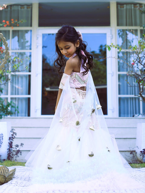 Pre-Order: Pink flared lehenga with sleeve dupatta