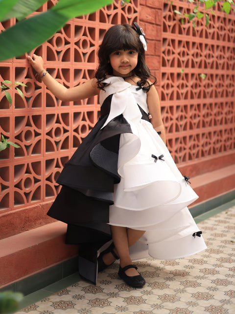 Pre-Order: Black and White bow detail high low dress