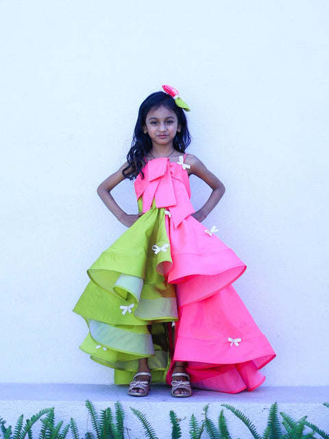 Pre-Order: Pink & Green bow detail high low dress