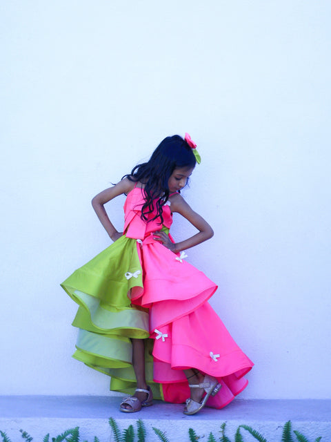 Pre-Order: Pink & Green bow detail high low dress