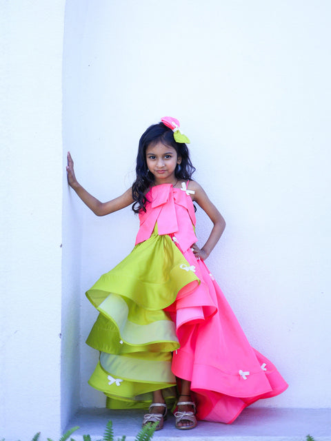 Pre-Order: Pink & Green bow detail high low dress
