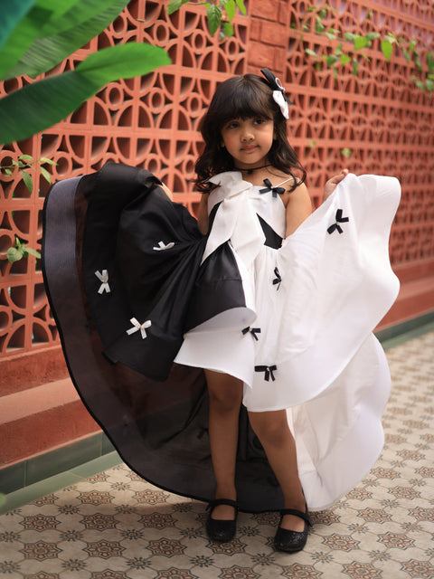 Pre-Order: Black and White bow detail high low dress