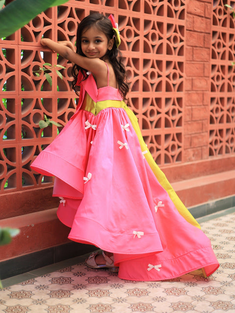 Pre-Order: Pink & Green bow detail high low dress