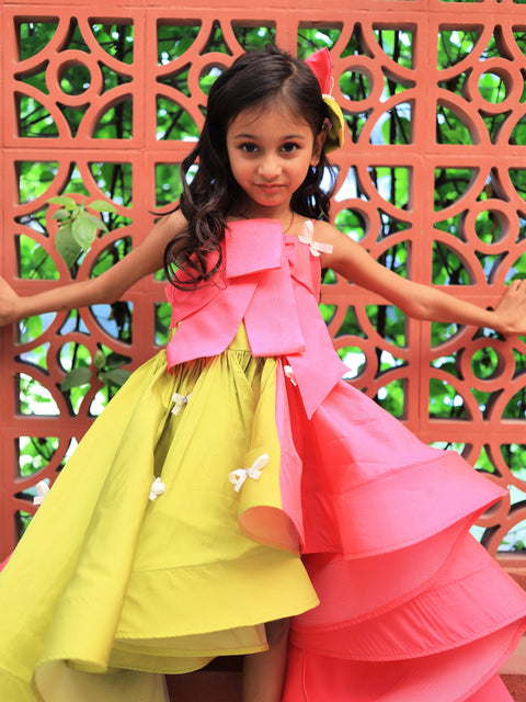 Pre-Order: Pink & Green bow detail high low dress