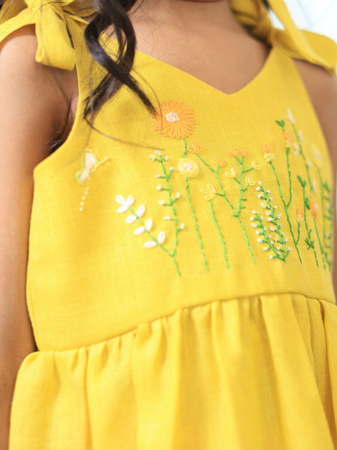 Pre-Order: Yellow Linen shoulder tie ups dress