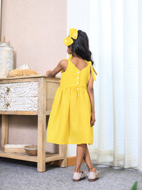 Pre-Order: Yellow Linen shoulder tie ups dress