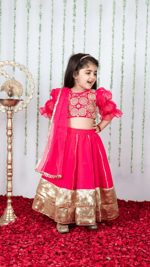 Pre-Order: Pink Gota Embroidered Blouse with Double Layered Ghaghra