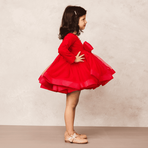 Pre-Order: Red velvet dress with bow accent