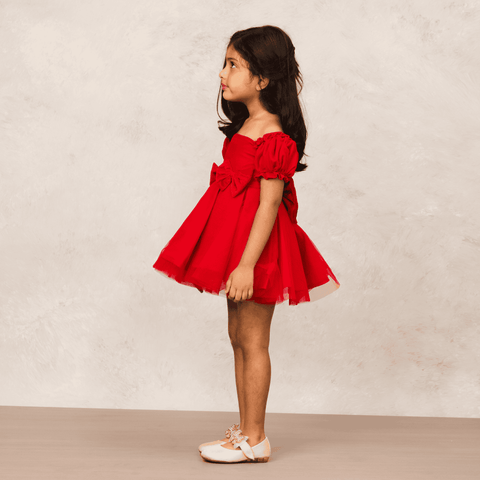 Pre-Order: Sleek red velvet off-shoulder dress