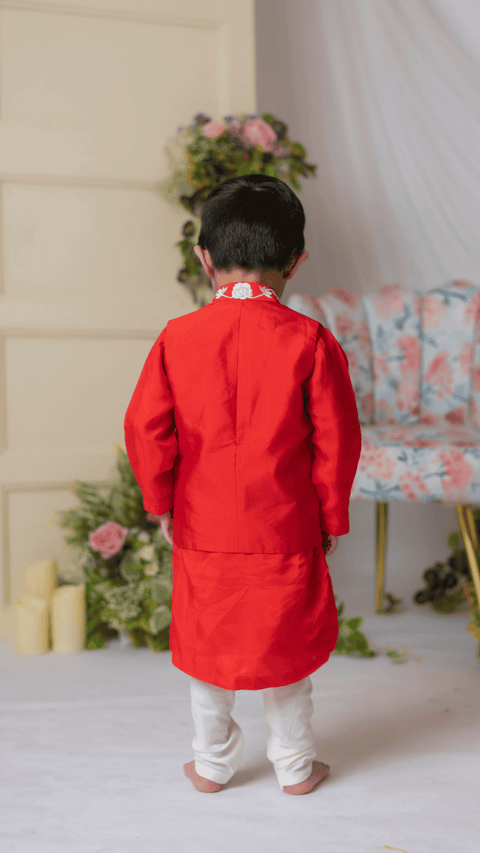 Pre-Order: Red And White Embroidered Nehru With Kurta And Churidar