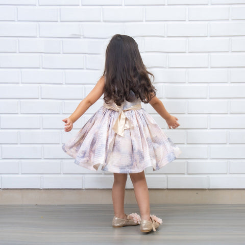 Pre-Order: Lavish Printed Dress with Sequins Embroidered Bow