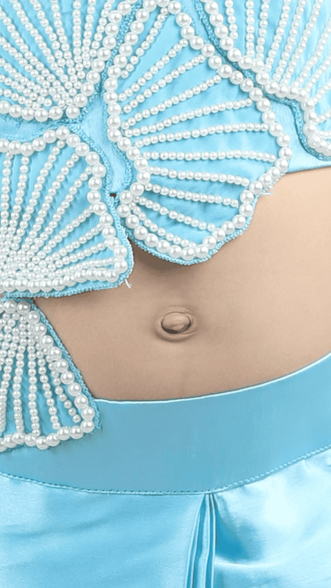 Pre-Order: Pearl embroidered sea shell embillished top with attached Dupatta and stitched Dhoti