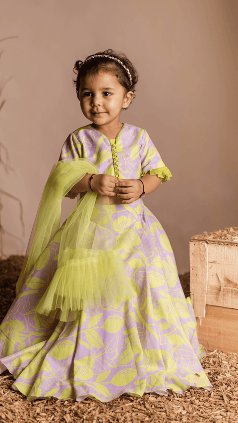 Pre-Order: Lilac Green Floral Printed Ghaghra