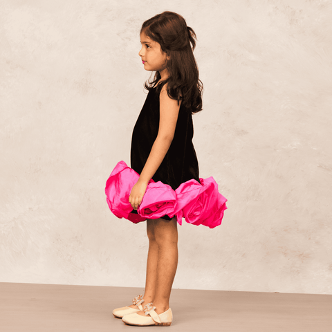 Pre-Order: Boho Black Velvet Dress with Pink Flowers