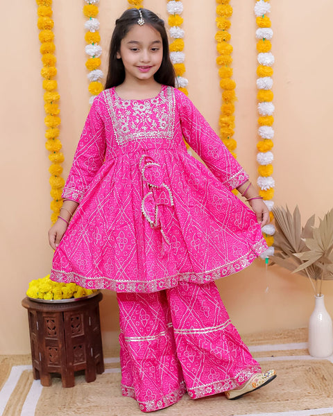 Aatya Kiids Cotton Three Fourth Sleeves Zari embroidery Kurti with Sharara - Pink.