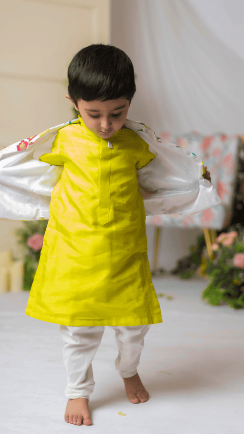 Pre-Order: White Ikkat Nehru With Green Kurta Churidar Set