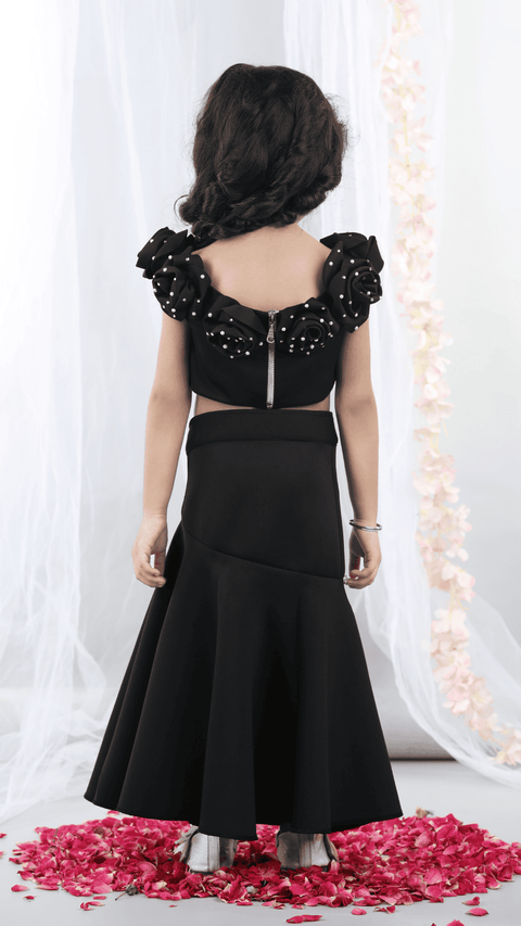 Pre-Order: Fabric Flower embllished Top with flaired Lehenga