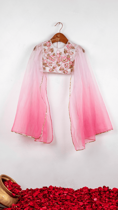 Pre-Order: Pink Ombre Shaded Embroidered Flower Ghaghra