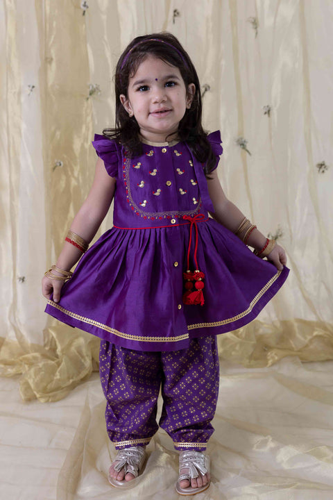 Pre-Order: Girl Cotton Silk Blend Ruffle Sleeve Combo Set - Purple