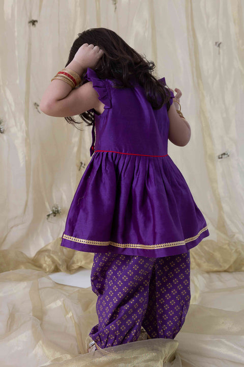 Girl Cotton Silk Blend Ruffle Sleeve Combo Set - Purple