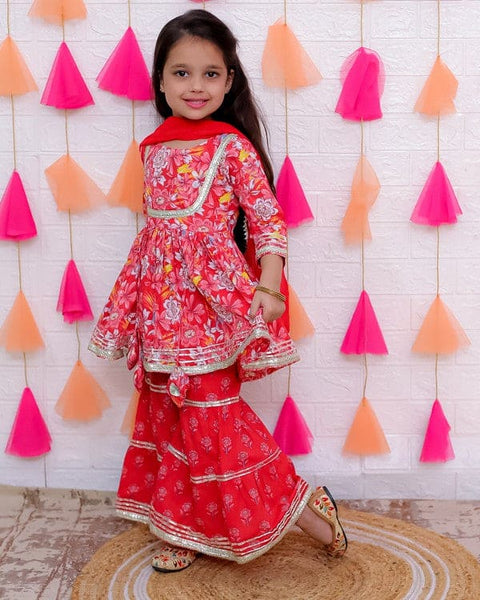 Aatya Kiids Cotton Three Fourth Sleeves Zari embroidery Kurti with Sharara and Dupatta- Red.