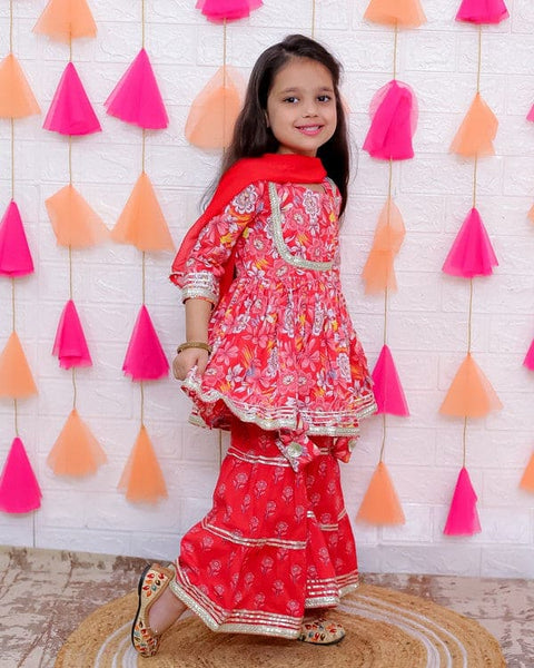 Aatya Kiids Cotton Three Fourth Sleeves Zari embroidery Kurti with Sharara and Dupatta- Red.