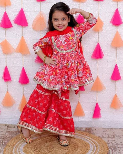 Aatya Kiids Cotton Three Fourth Sleeves Zari embroidery Kurti with Sharara and Dupatta- Red.