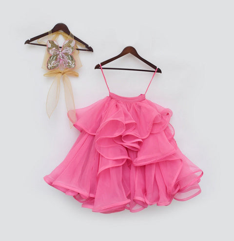 Pre Order: Pink Ruffle Skirt with Embroidered Butterfly Top