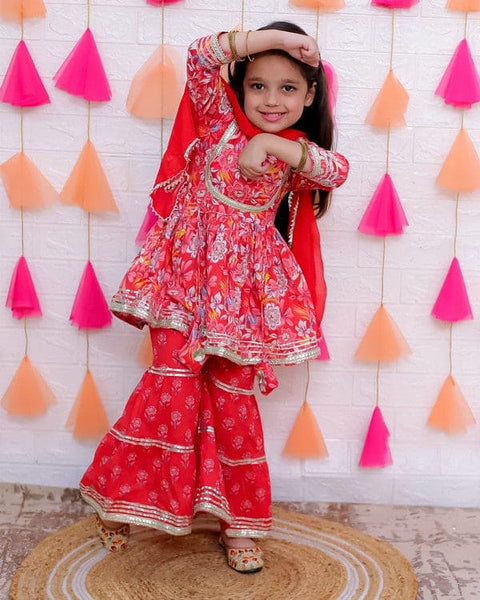 Aatya Kiids Cotton Three Fourth Sleeves Zari embroidery Kurti with Sharara and Dupatta- Red.