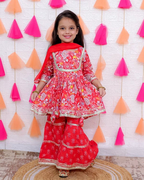 Aatya Kiids Cotton Three Fourth Sleeves Zari embroidery Kurti with Sharara and Dupatta- Red.