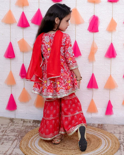 Aatya Kiids Cotton Three Fourth Sleeves Zari embroidery Kurti with Sharara and Dupatta- Red.