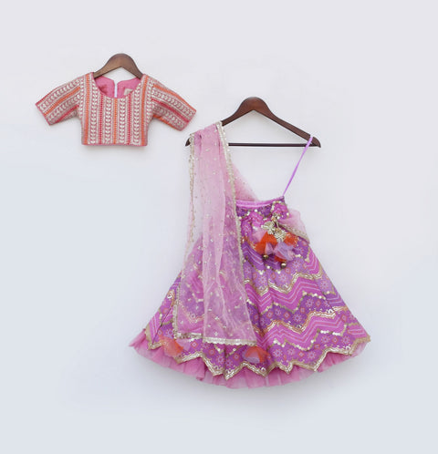 Pre Order: Pink Embroidred Choli with Purple Lehenga