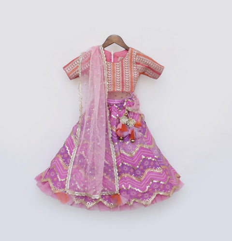 Pre Order: Pink Embroidred Choli with Purple Lehenga