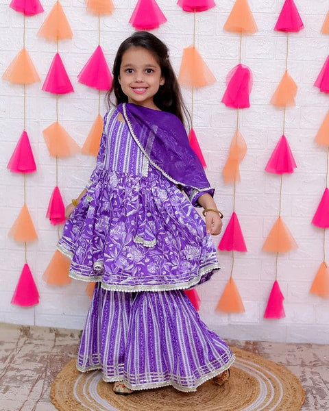Aatya Kiids Purple Lace Embellished Flower print Sharara Set with Dupatta.