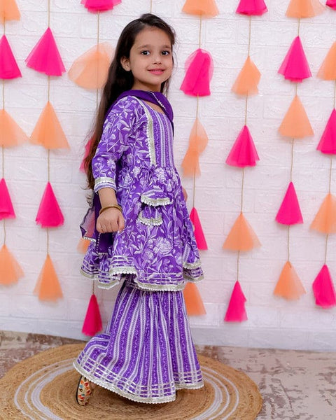 Aatya Kiids Purple Lace Embellished Flower print Sharara Set with Dupatta.